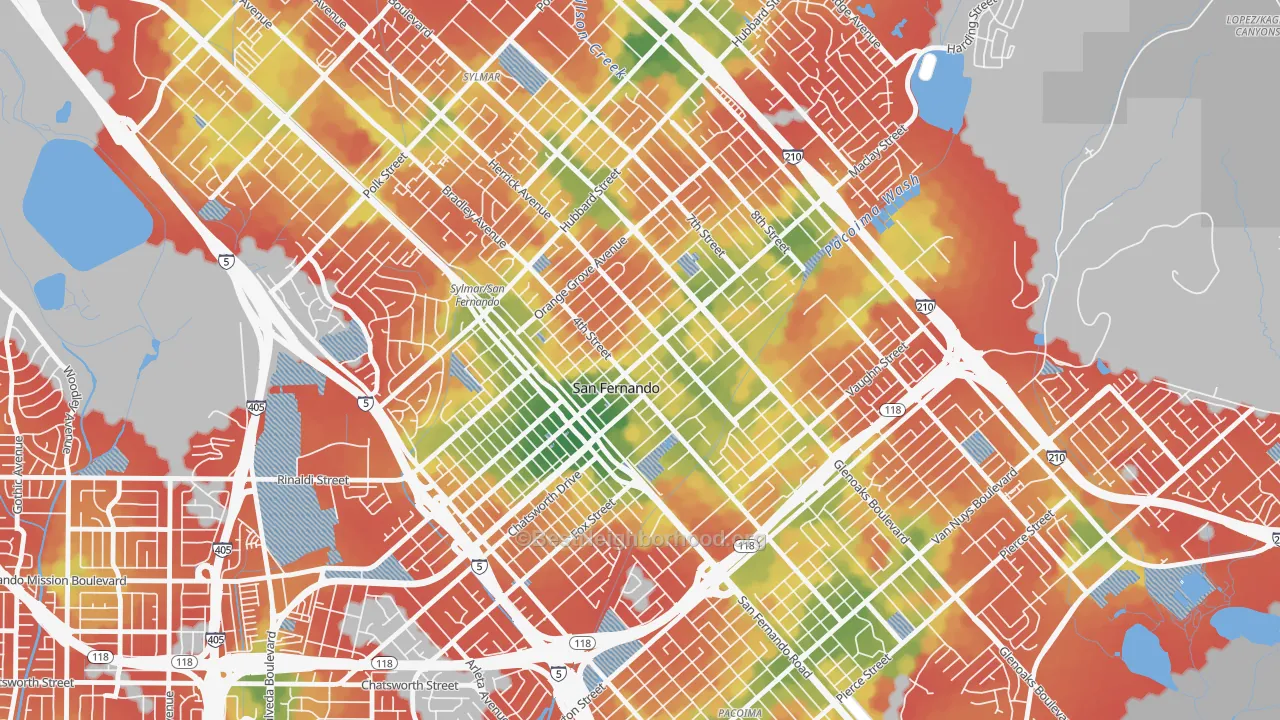 Walk Grade map of 91340, CA, walkable areas in green and car-dependent areas in red