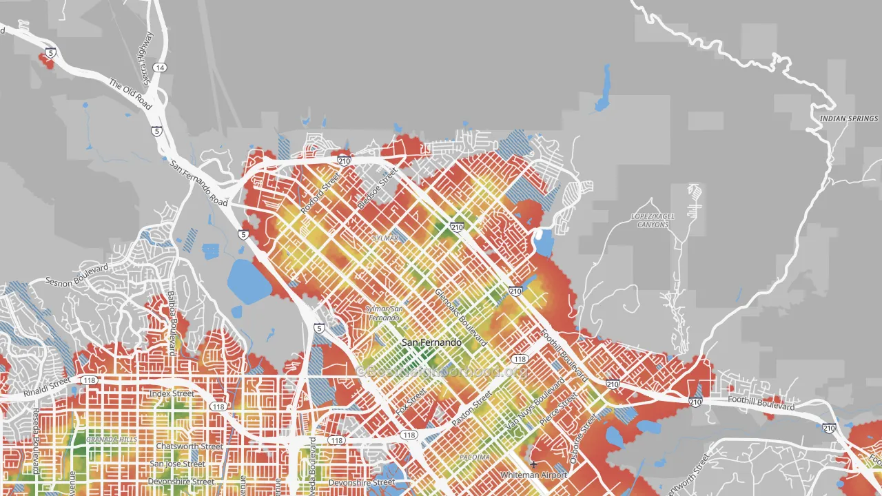 Walk Grade map of 91342, CA, walkable areas in green and car-dependent areas in red