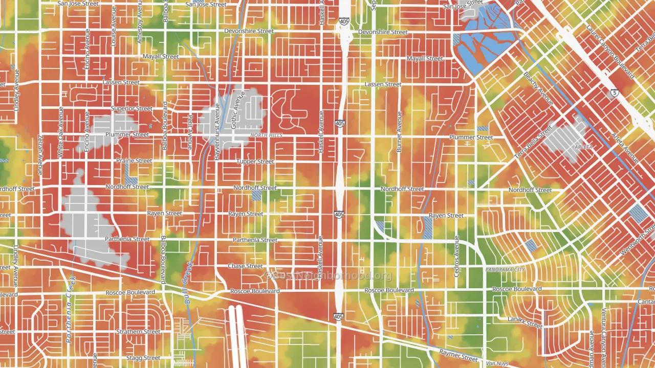 Walk Grade map of 91343, CA, walkable areas in green and car-dependent areas in red