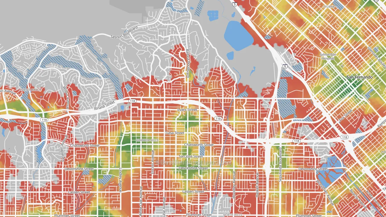 Walk Grade map of 91344, CA, walkable areas in green and car-dependent areas in red
