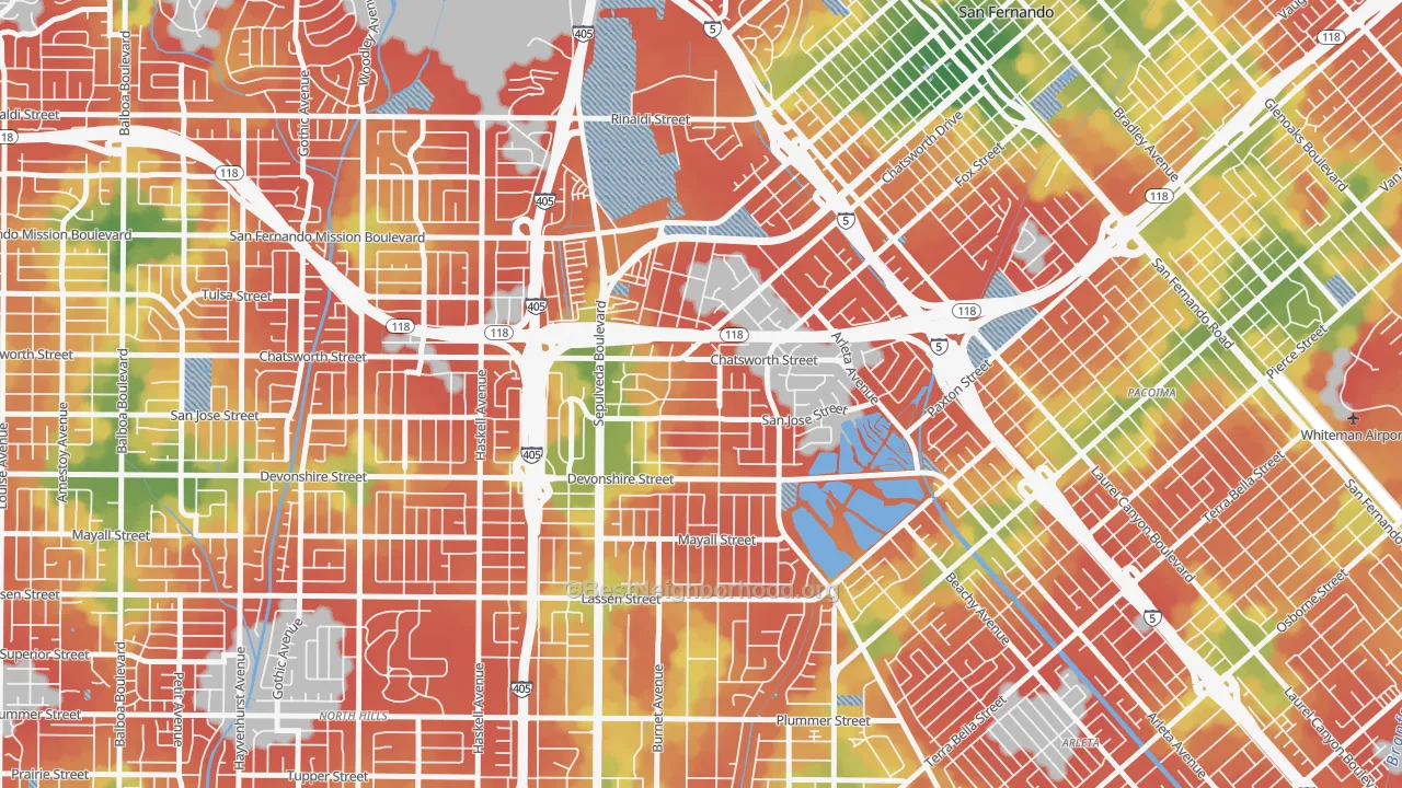 Walk Grade map of 91345, CA, walkable areas in green and car-dependent areas in red