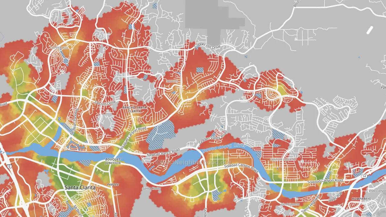 Walk Grade map of 91350, CA, walkable areas in green and car-dependent areas in red