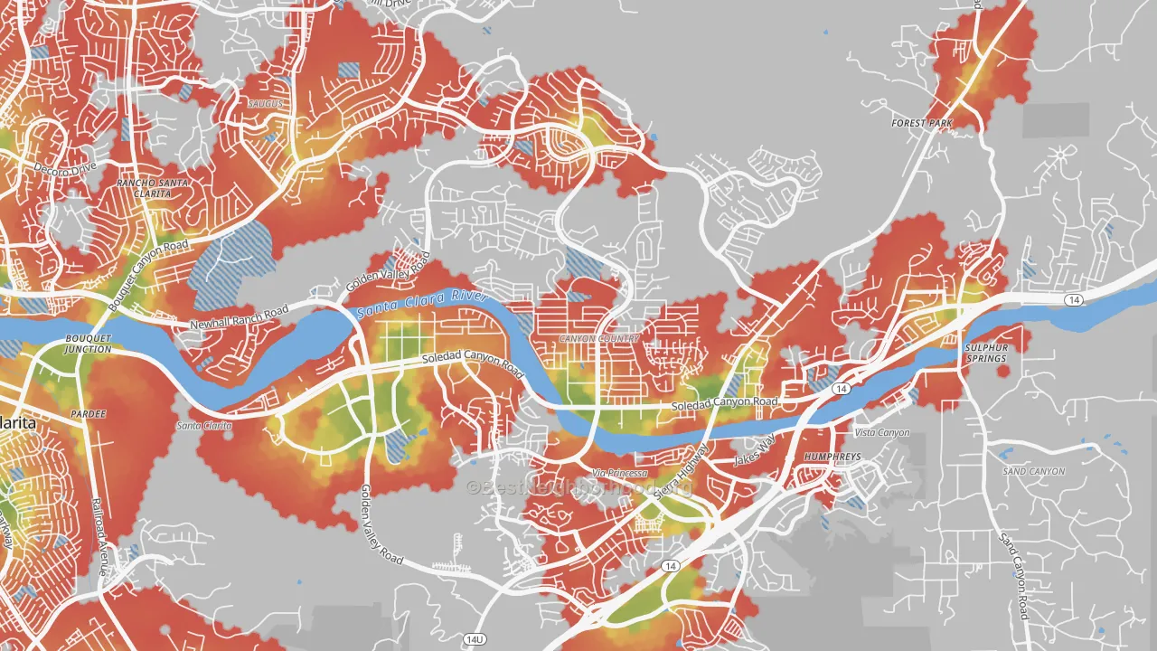 Walk Grade map of 91351, CA, walkable areas in green and car-dependent areas in red
