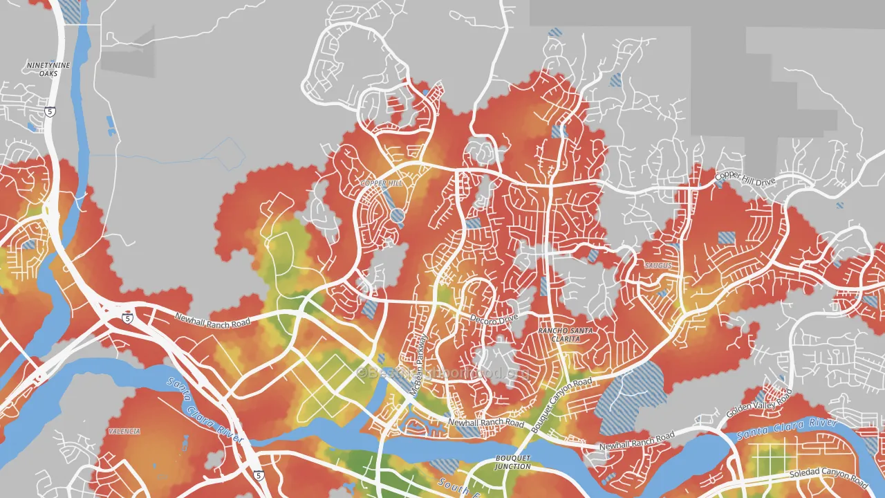 Walk Grade map of 91354, CA, walkable areas in green and car-dependent areas in red