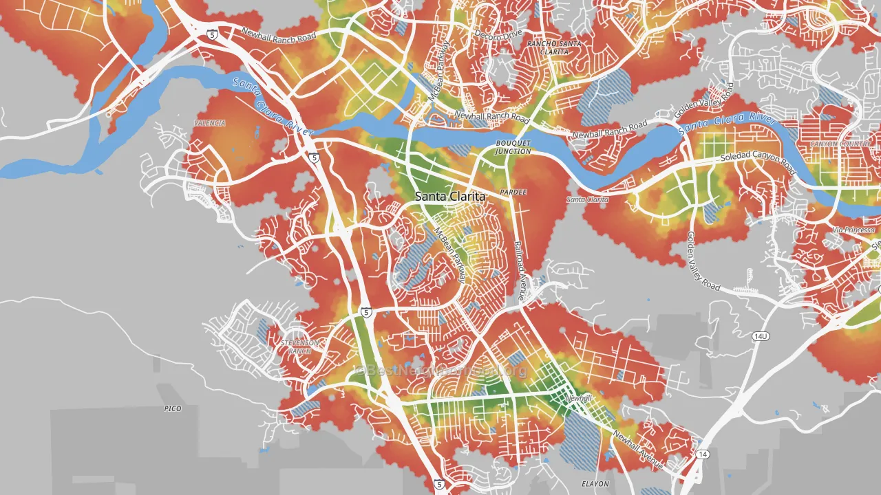 Walk Grade map of 91355, CA, walkable areas in green and car-dependent areas in red