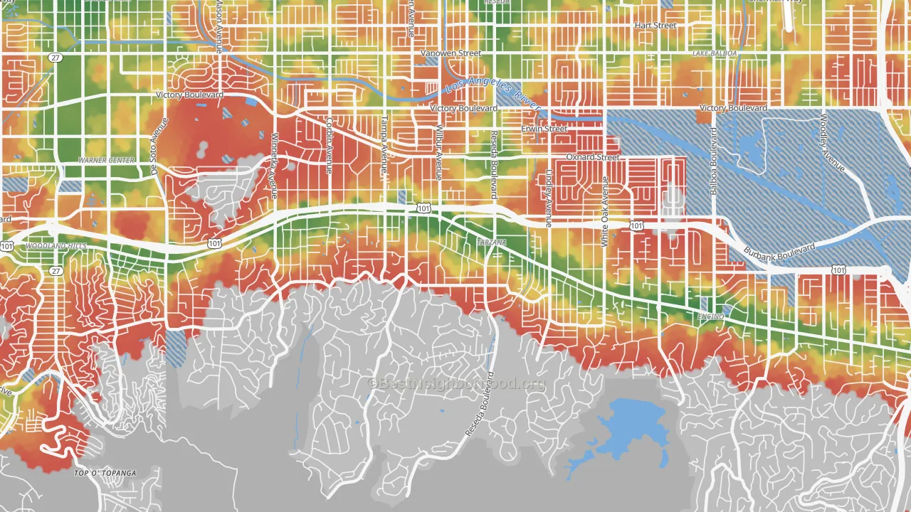 Walk Grade map of 91356, CA, walkable areas in green and car-dependent areas in red