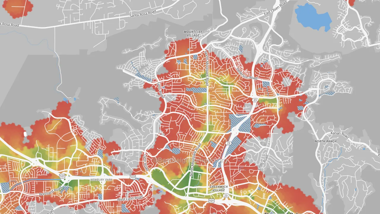 Walk Grade map of 91360, CA, walkable areas in green and car-dependent areas in red