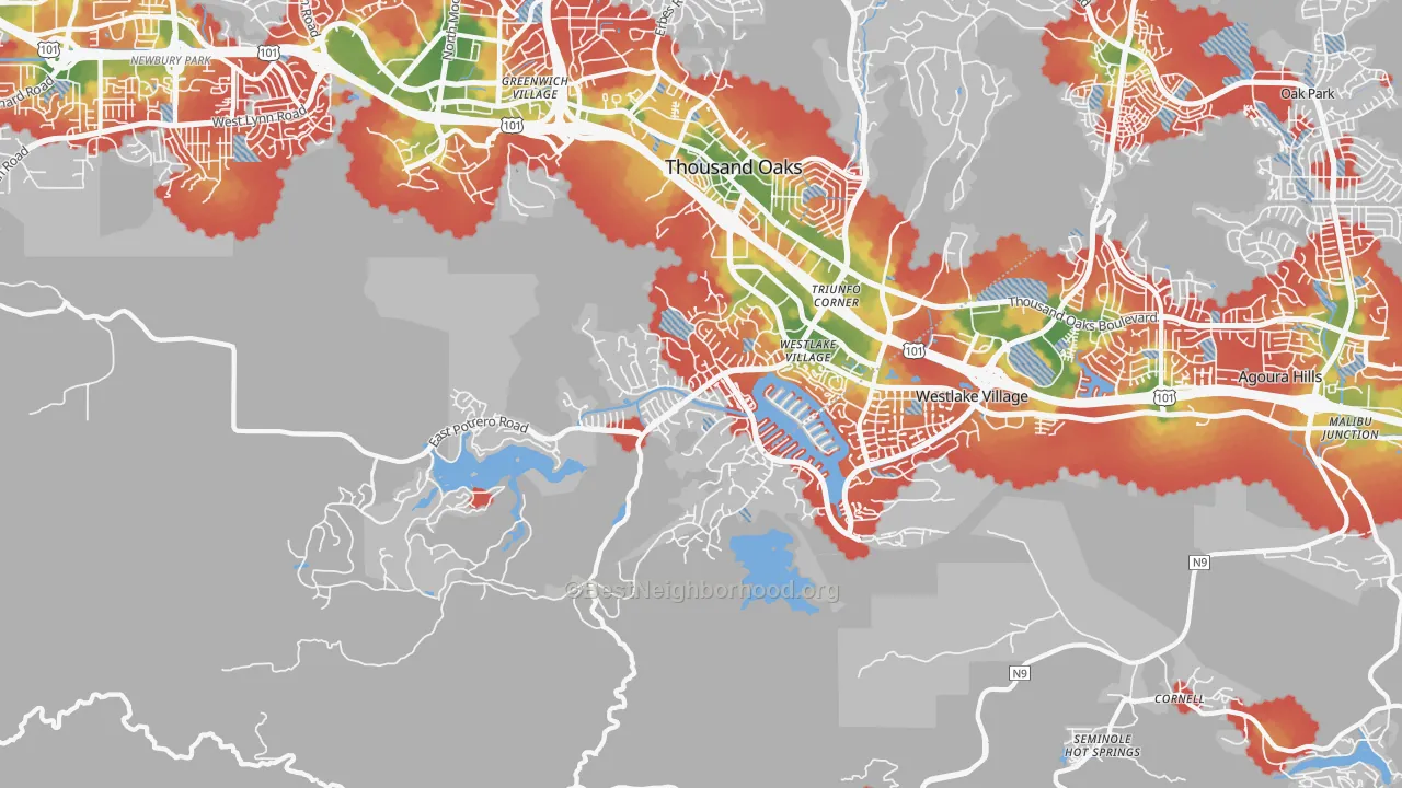 Walk Grade map of 91361, CA, walkable areas in green and car-dependent areas in red