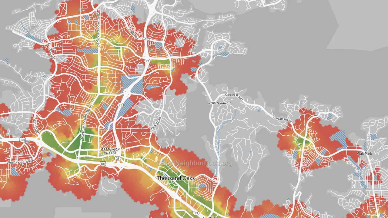 Walk Grade map of 91362, CA, walkable areas in green and car-dependent areas in red