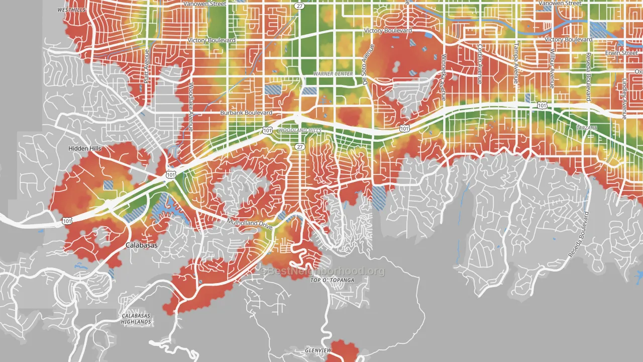 Walk Grade map of 91364, CA, walkable areas in green and car-dependent areas in red