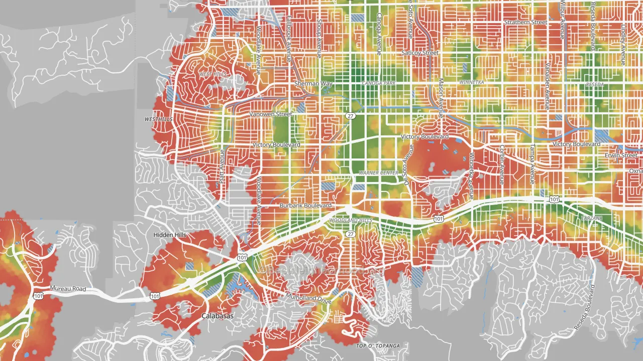Walk Grade map of 91367, CA, walkable areas in green and car-dependent areas in red
