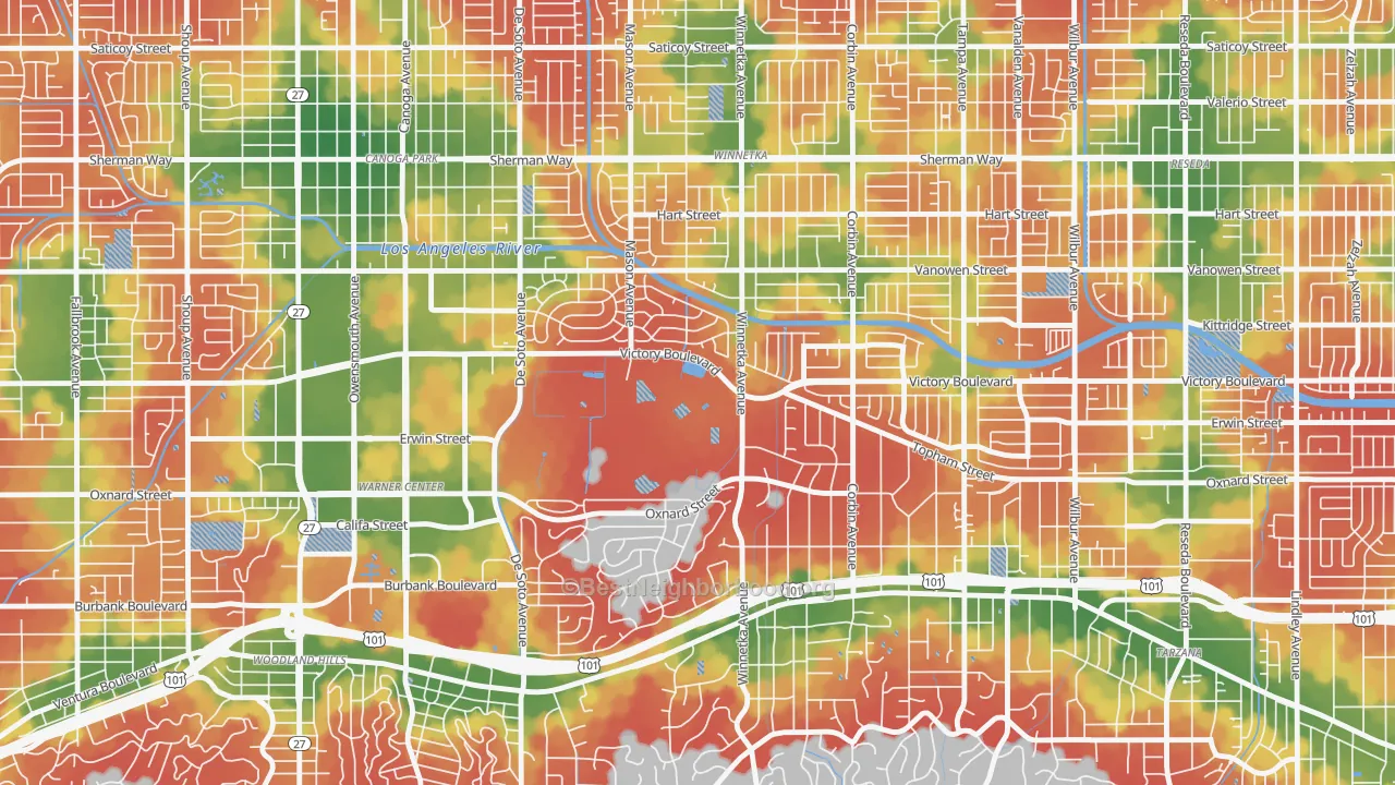 Walk Grade map of 91371, CA, walkable areas in green and car-dependent areas in red