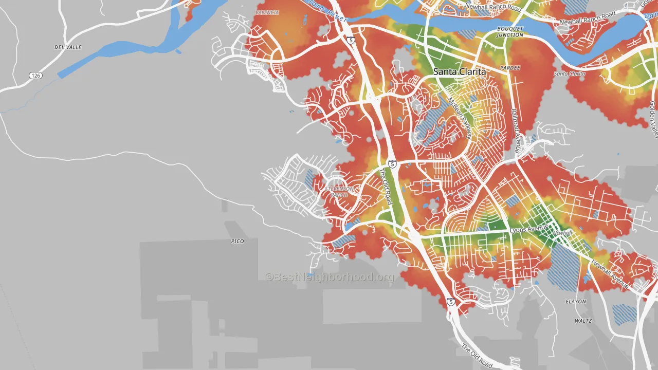 Walk Grade map of 91381, CA, walkable areas in green and car-dependent areas in red