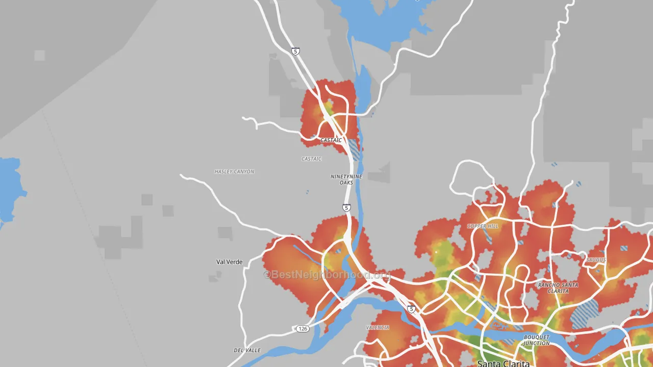 Walk Grade map of 91384, CA, walkable areas in green and car-dependent areas in red