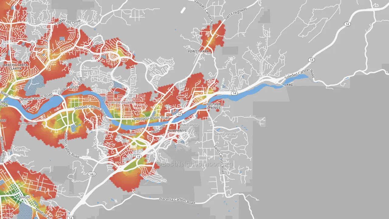 Walk Grade map of 91387, CA, walkable areas in green and car-dependent areas in red