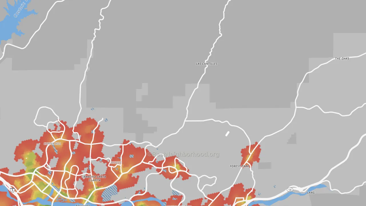 Walk Grade map of 91390, CA, walkable areas in green and car-dependent areas in red