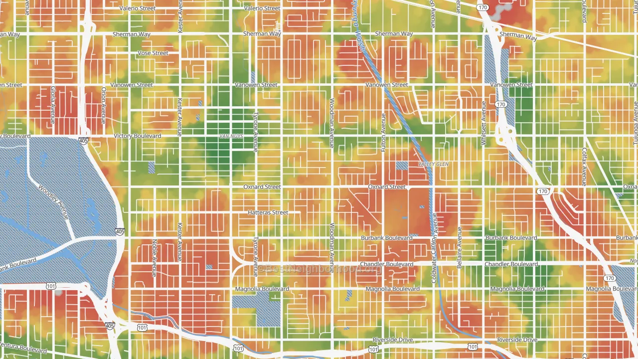 Walk Grade map of 91401, CA, walkable areas in green and car-dependent areas in red