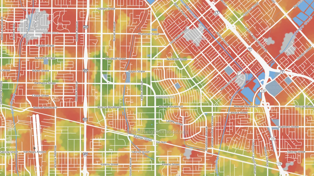 Walk Grade map of 91402, CA, walkable areas in green and car-dependent areas in red