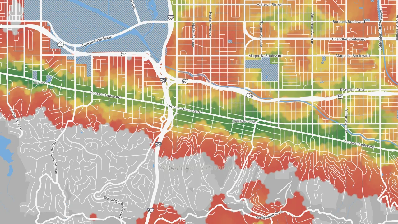 Walk Grade map of 91403, CA, walkable areas in green and car-dependent areas in red