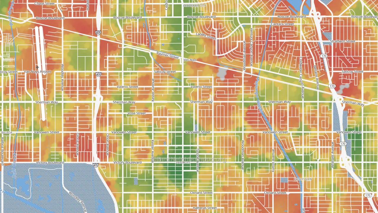 Walk Grade map of 91405, CA, walkable areas in green and car-dependent areas in red