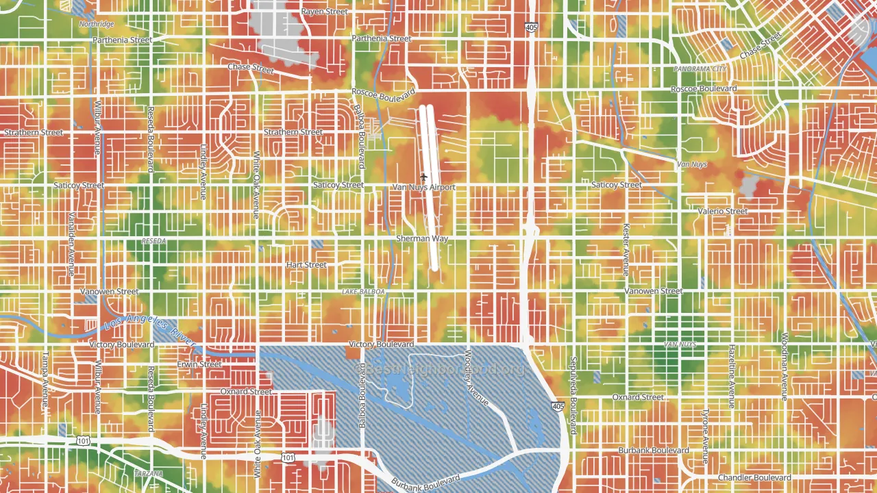 Walk Grade map of 91406, CA, walkable areas in green and car-dependent areas in red