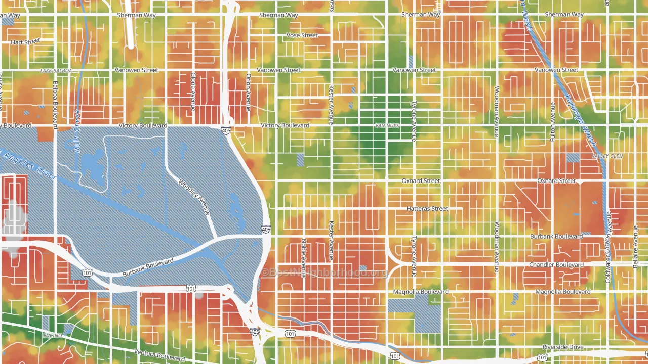 Walk Grade map of 91411, CA, walkable areas in green and car-dependent areas in red