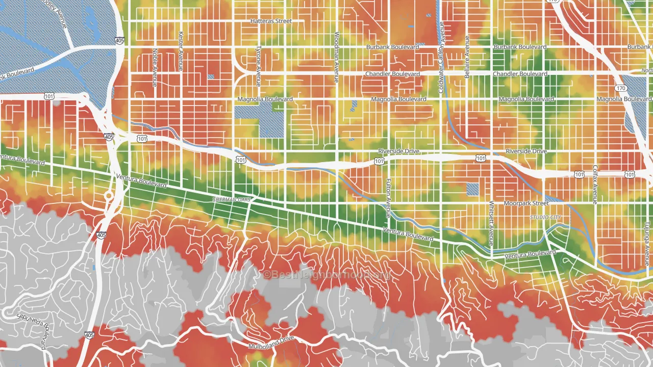Walk Grade map of 91423, CA, walkable areas in green and car-dependent areas in red