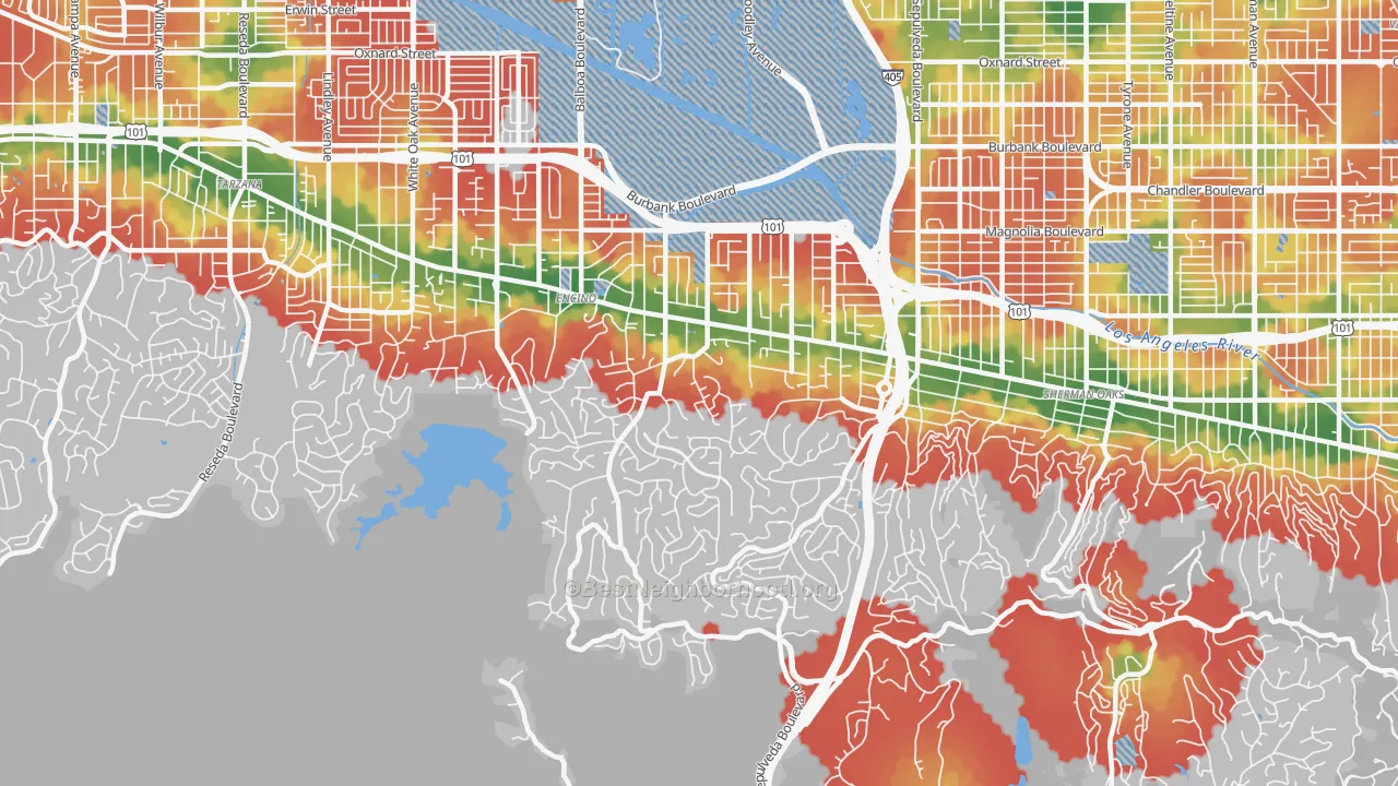 Walk Grade map of 91436, CA, walkable areas in green and car-dependent areas in red