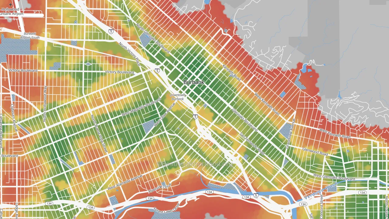 Walk Grade map of 91502, CA, walkable areas in green and car-dependent areas in red