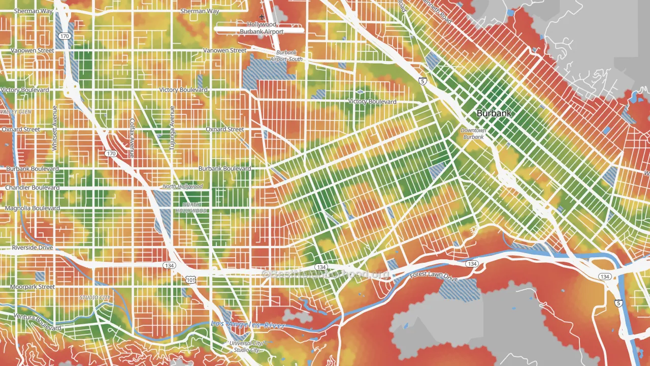 Walk Grade map of 91505, CA, walkable areas in green and car-dependent areas in red