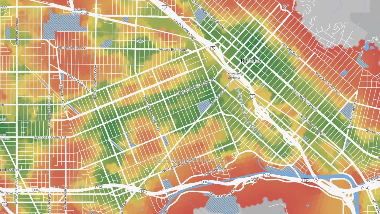 Walk Grade map of 91506, CA, walkable areas in green and car-dependent areas in red