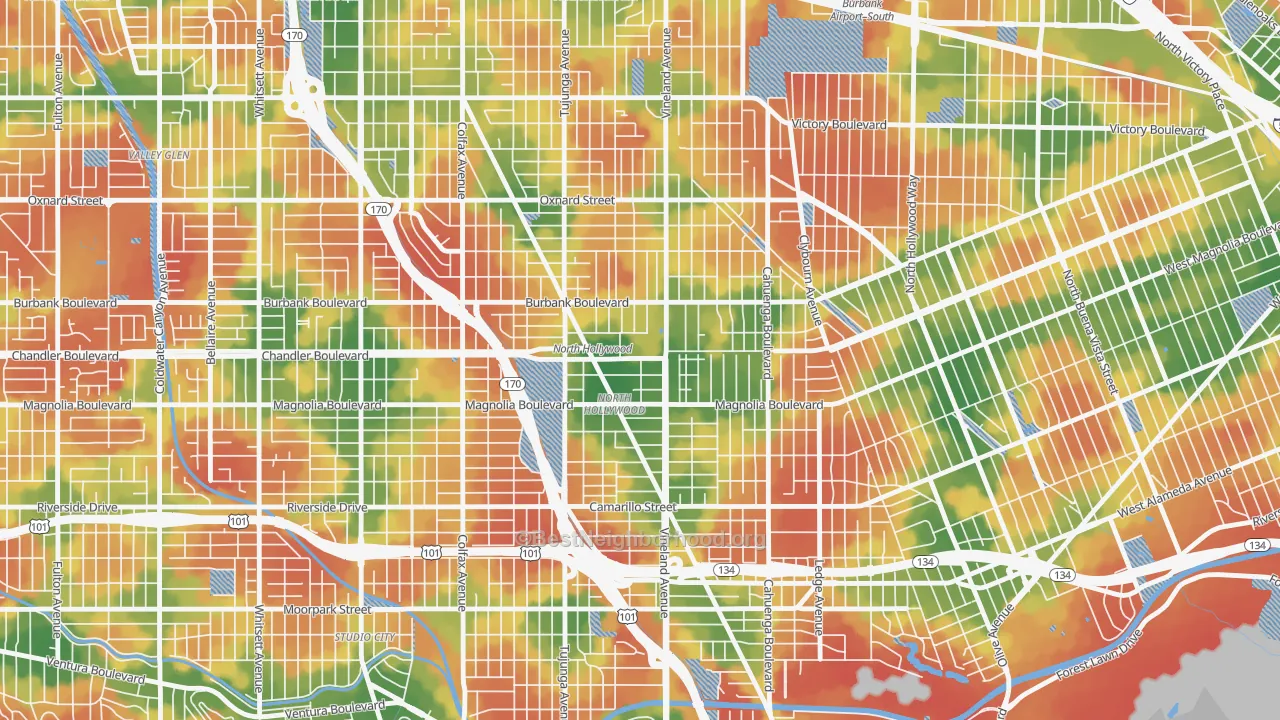 Walk Grade map of 91601, CA, walkable areas in green and car-dependent areas in red