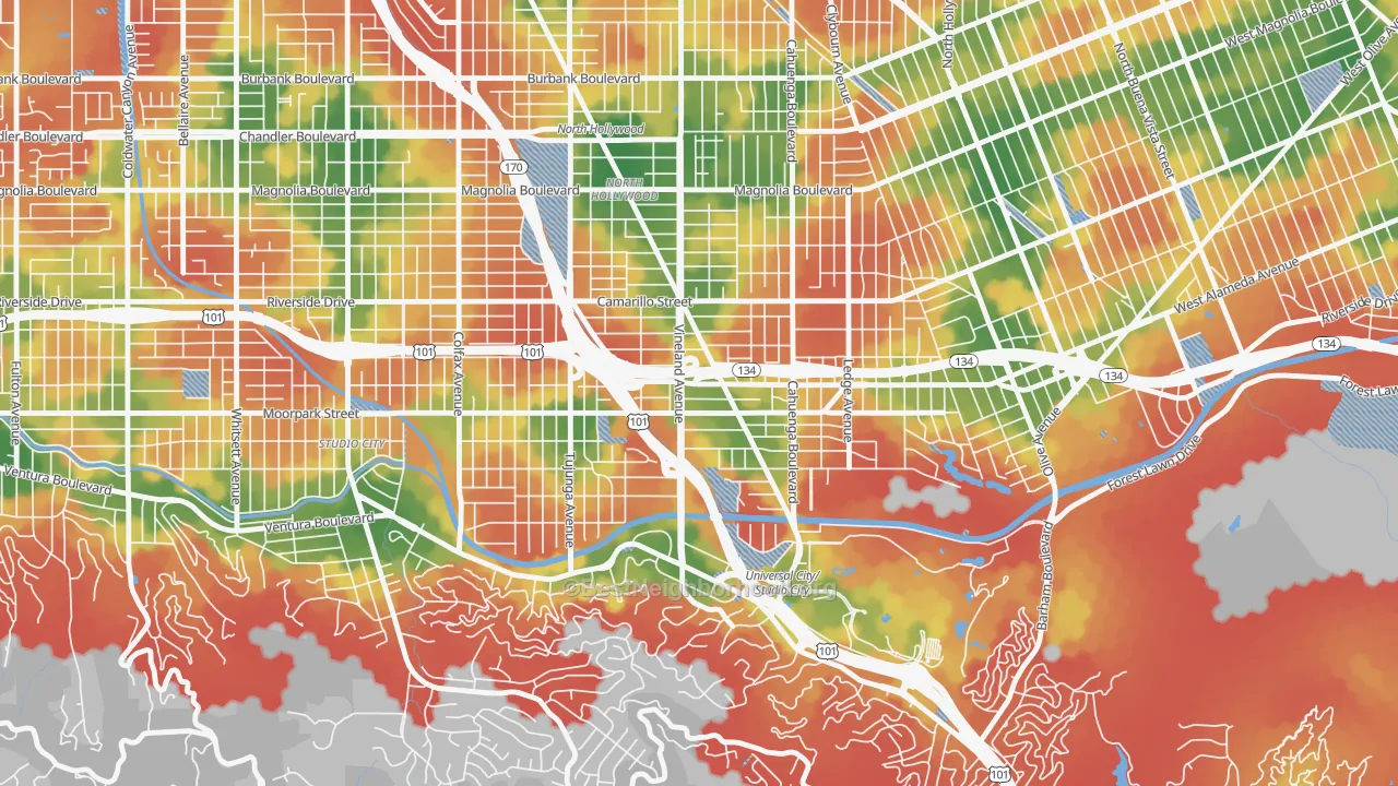 Walk Grade map of 91602, CA, walkable areas in green and car-dependent areas in red