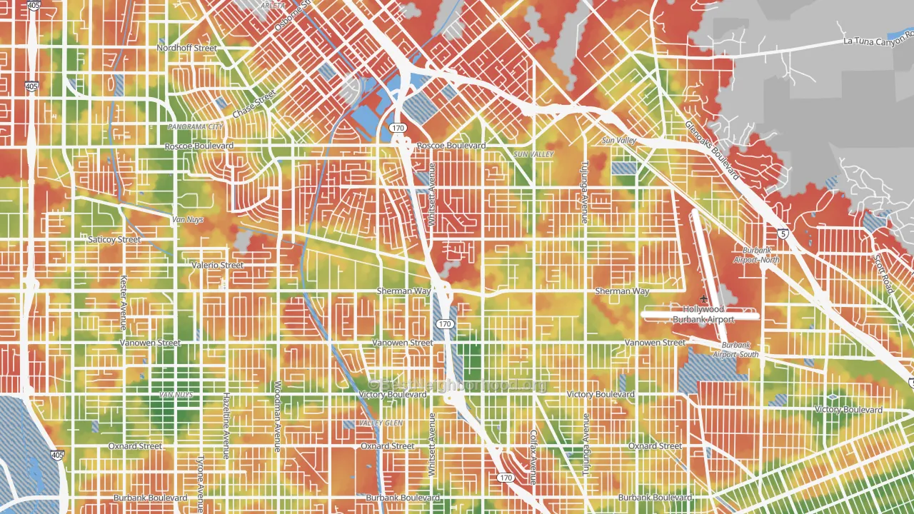 Walk Grade map of 91605, CA, walkable areas in green and car-dependent areas in red