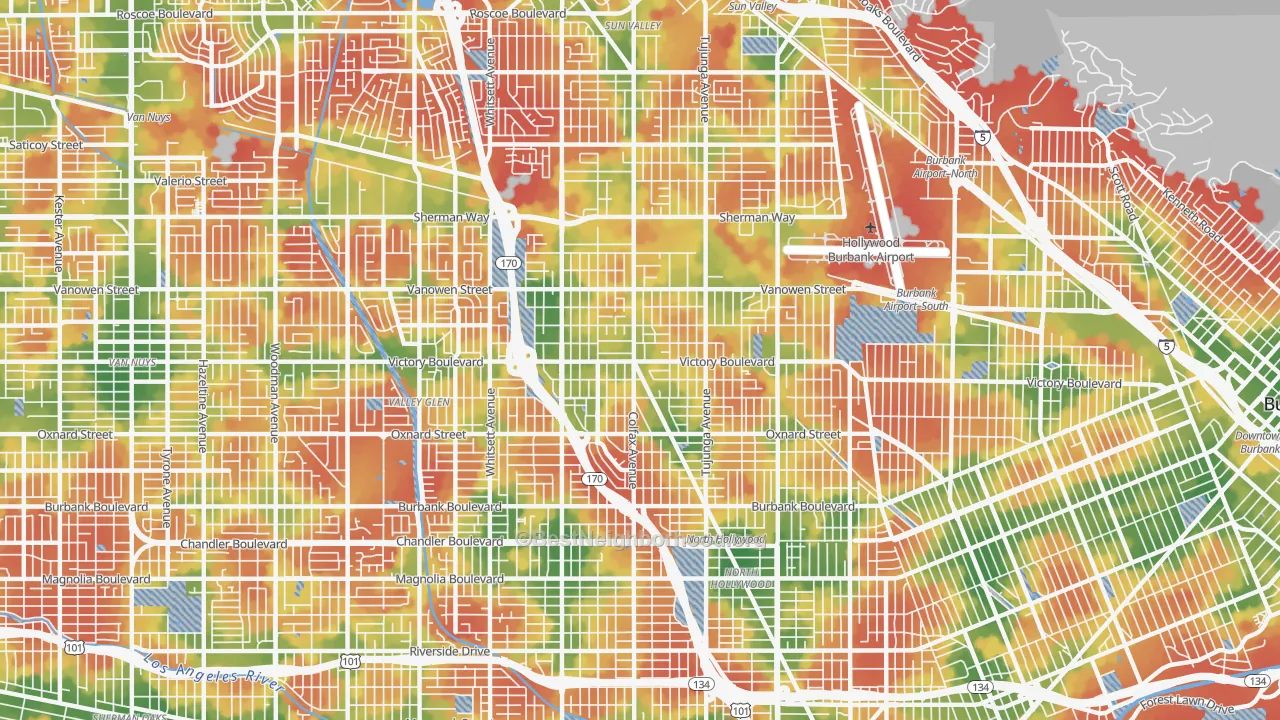 Walk Grade map of 91606, CA, walkable areas in green and car-dependent areas in red
