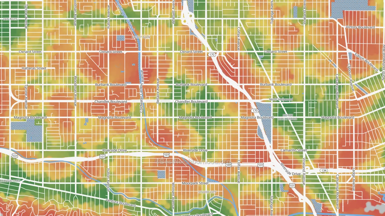 Walk Grade map of 91607, CA, walkable areas in green and car-dependent areas in red