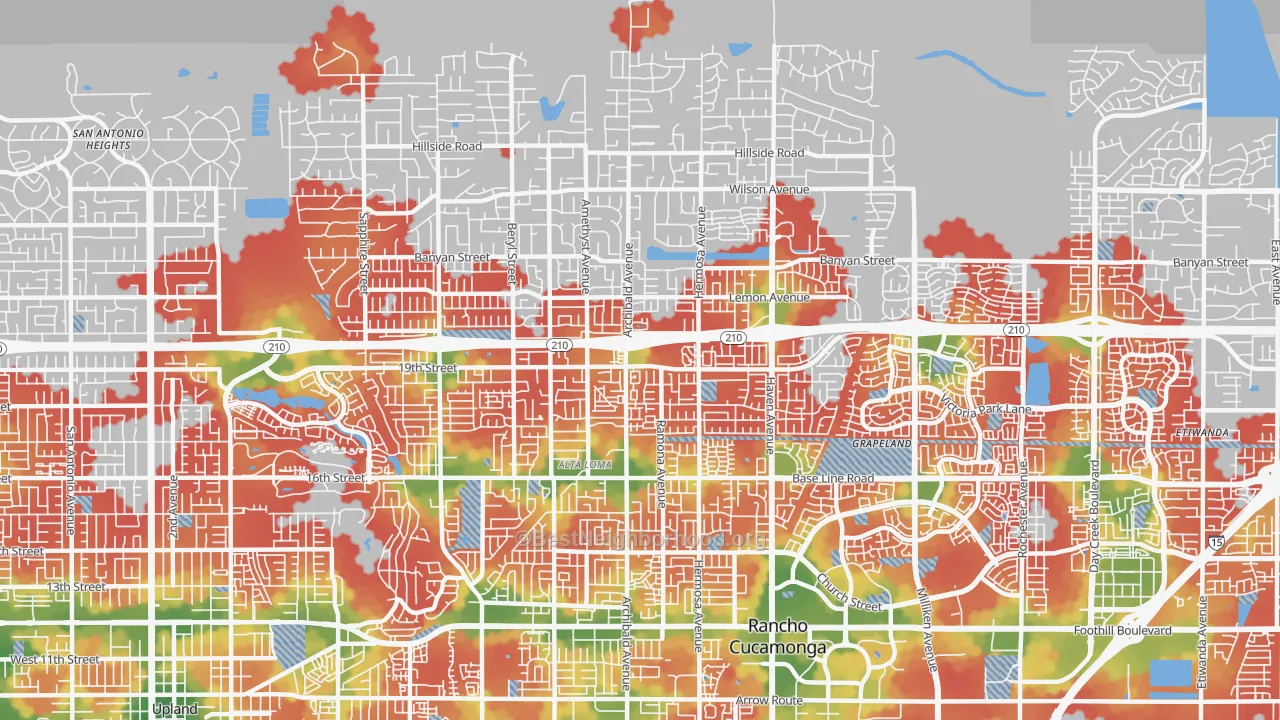 Walk Grade map of 91701, CA, walkable areas in green and car-dependent areas in red