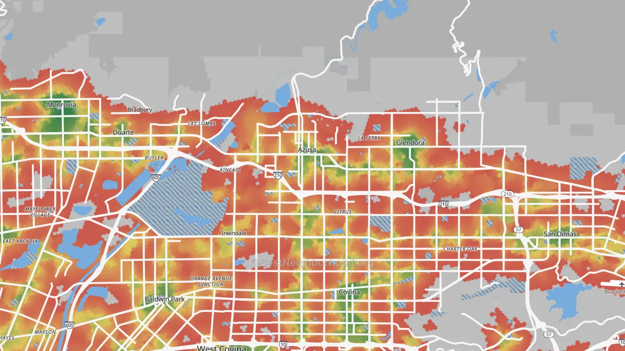 Walk Grade map of 91702, CA, walkable areas in green and car-dependent areas in red