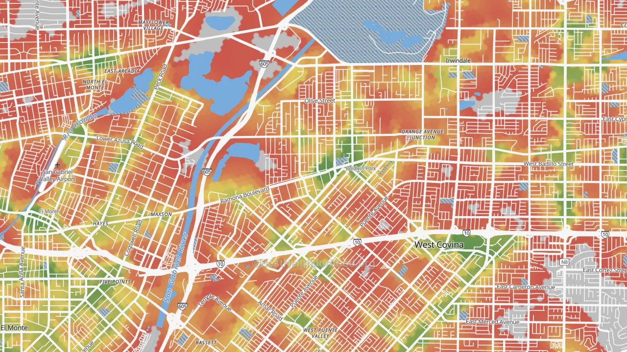 Walk Grade map of 91706, CA, walkable areas in green and car-dependent areas in red