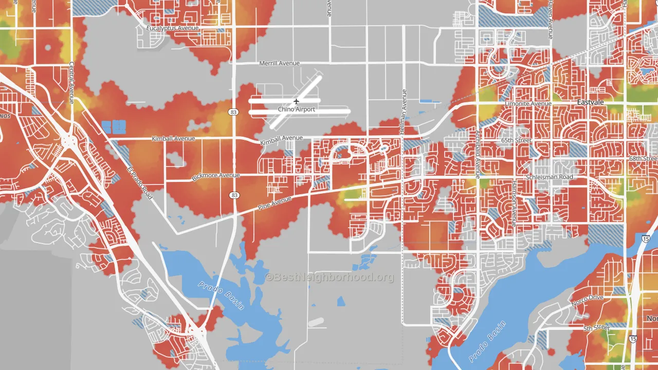 Walk Grade map of 91708, CA, walkable areas in green and car-dependent areas in red