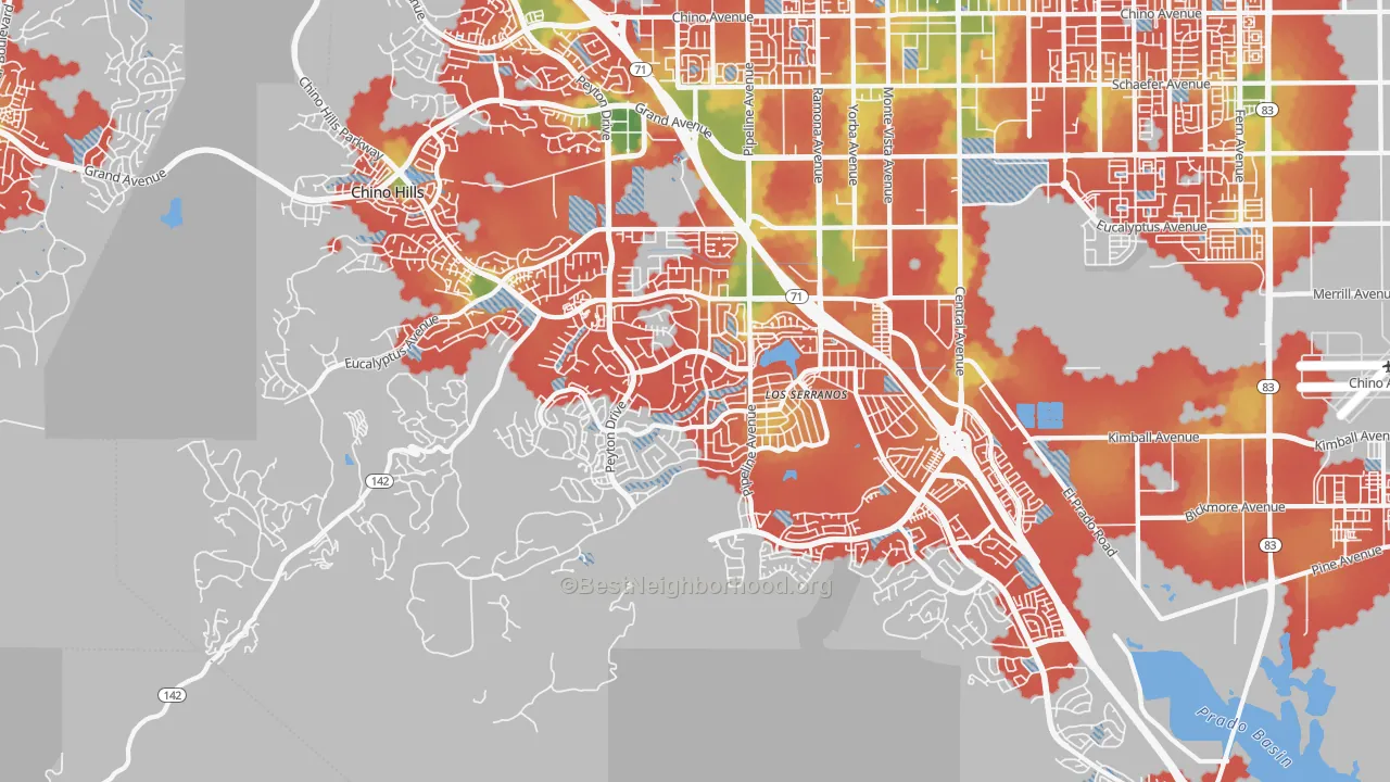 Walk Grade map of 91709, CA, walkable areas in green and car-dependent areas in red