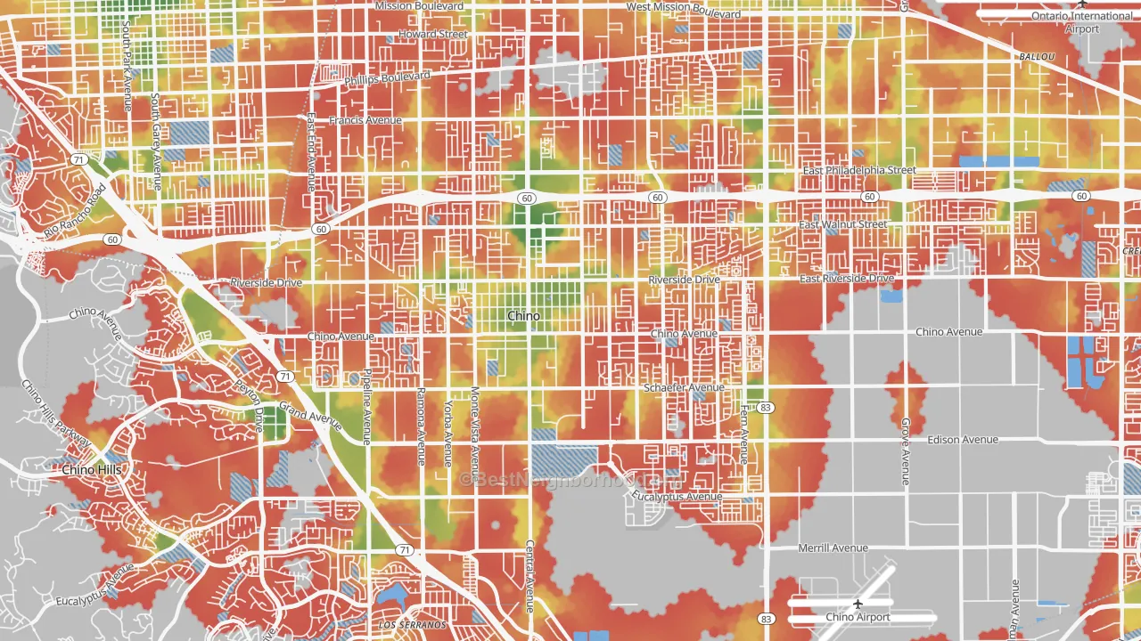 Walk Grade map of 91710, CA, walkable areas in green and car-dependent areas in red