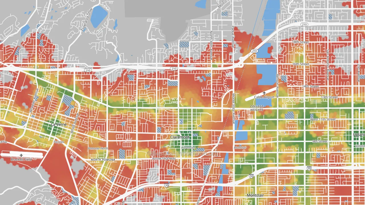 Walk Grade map of 91711, CA, walkable areas in green and car-dependent areas in red