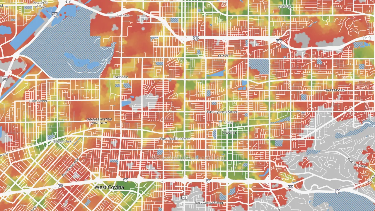 Walk Grade map of 91722, CA, walkable areas in green and car-dependent areas in red