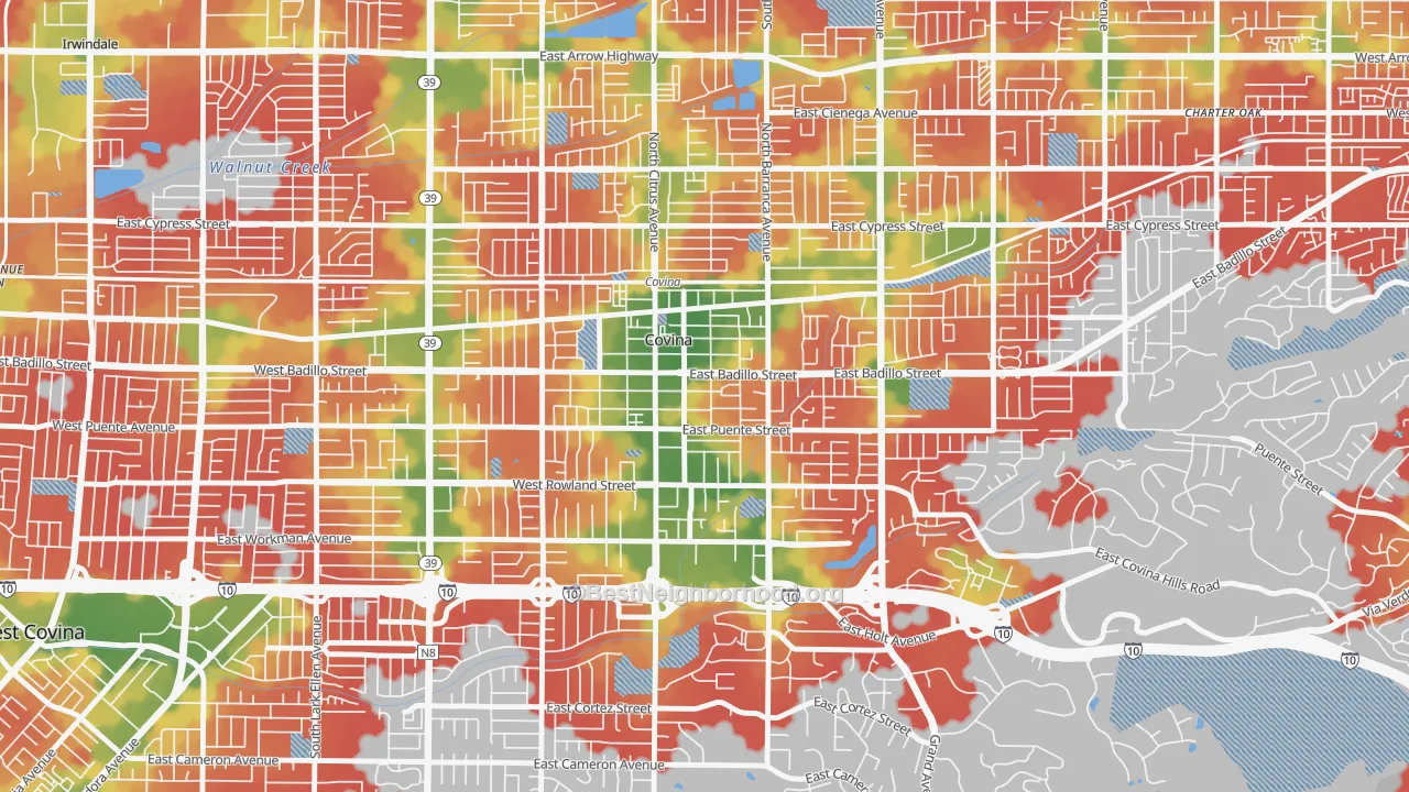 Walk Grade map of 91723, CA, walkable areas in green and car-dependent areas in red