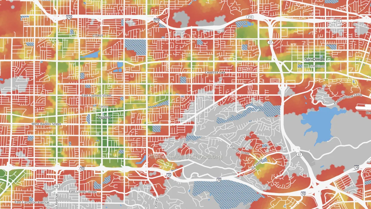 Walk Grade map of 91724, CA, walkable areas in green and car-dependent areas in red