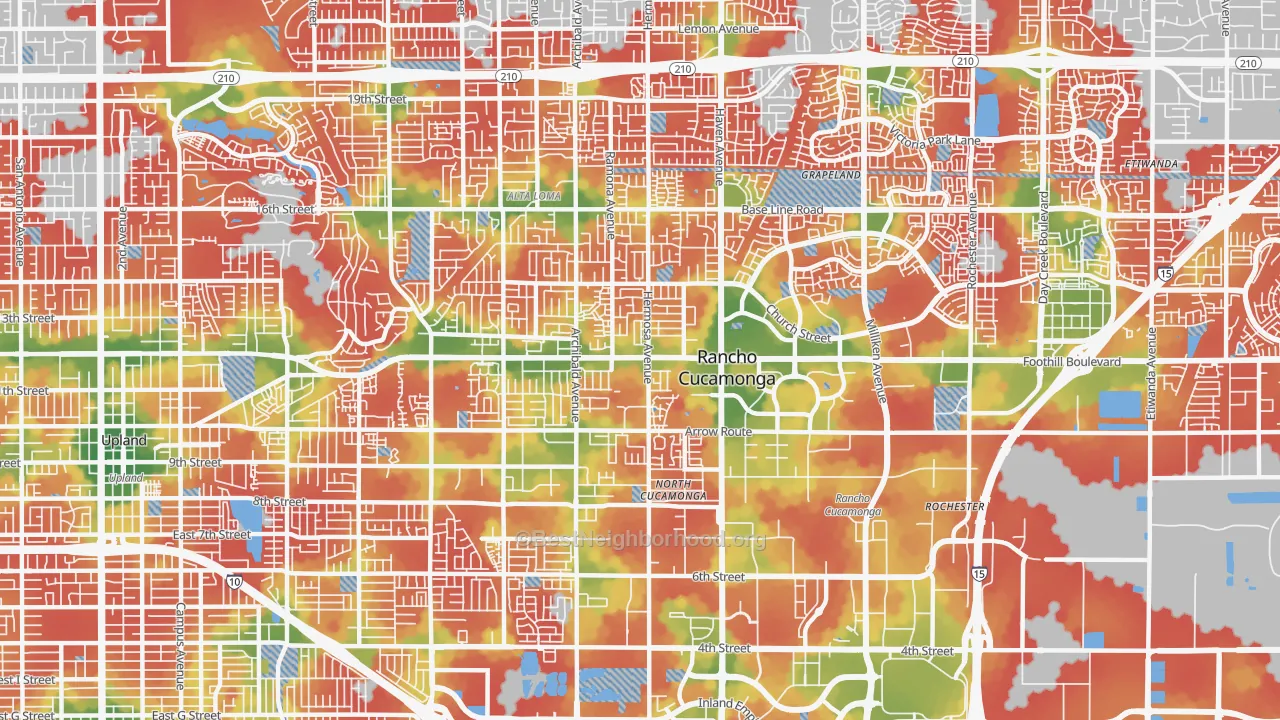 Walk Grade map of 91730, CA, walkable areas in green and car-dependent areas in red