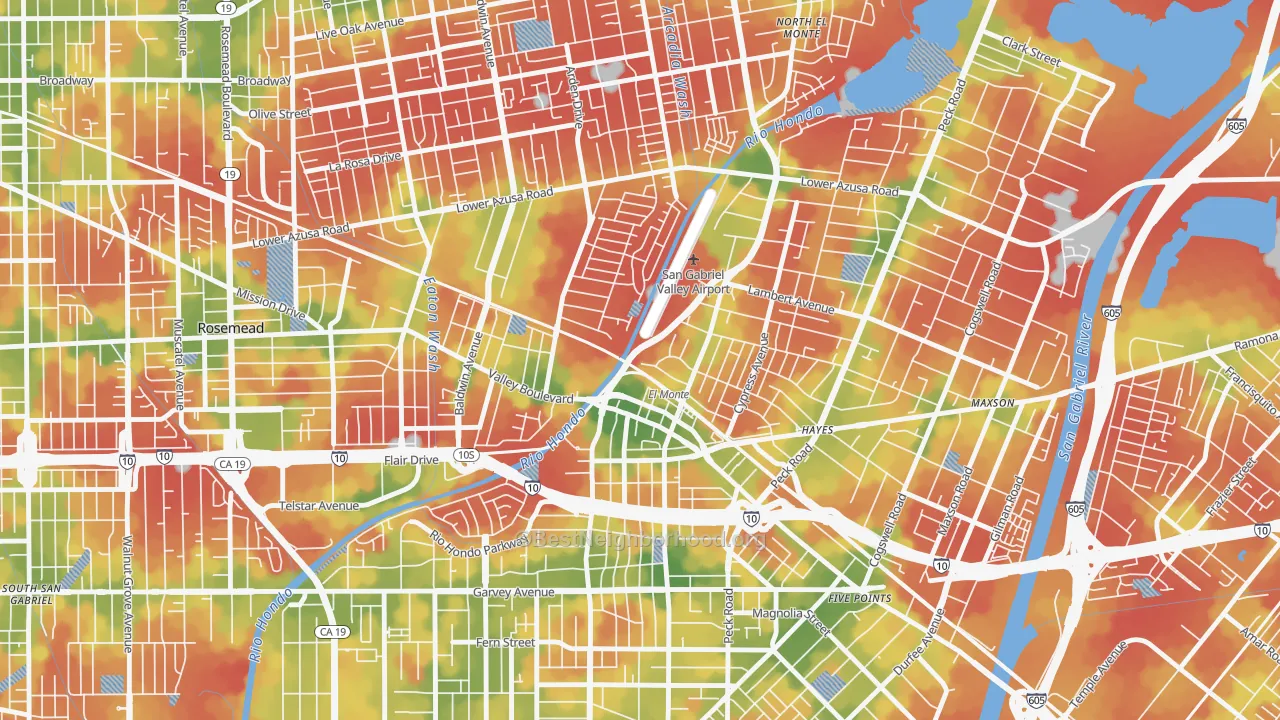 Walk Grade map of 91731, CA, walkable areas in green and car-dependent areas in red