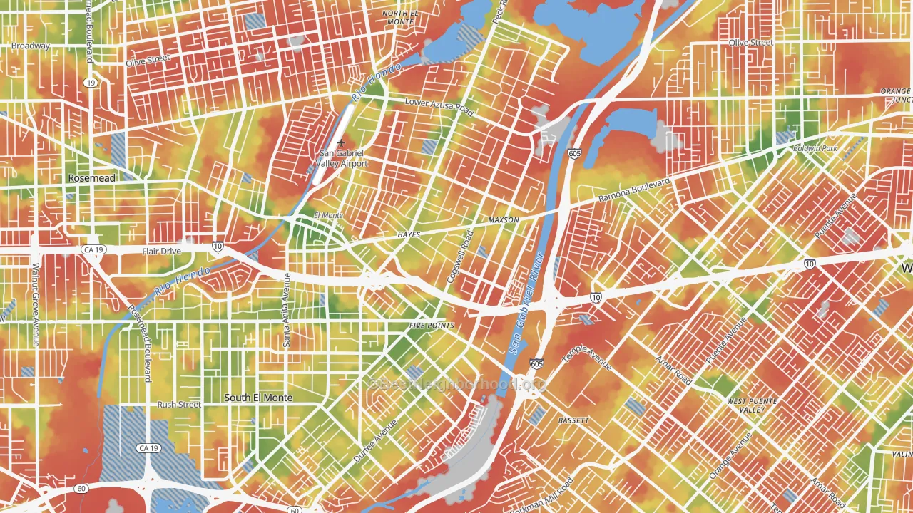 Walk Grade map of 91732, CA, walkable areas in green and car-dependent areas in red