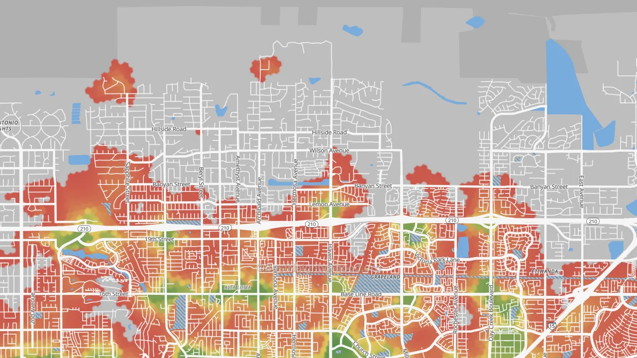 Walk Grade map of 91737, CA, walkable areas in green and car-dependent areas in red